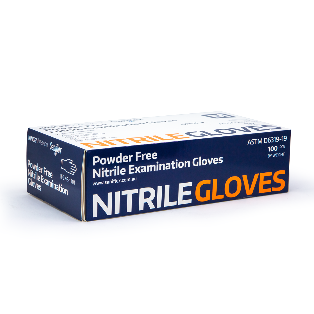 Nitrile examination gloves — powder-free, chemical resistant