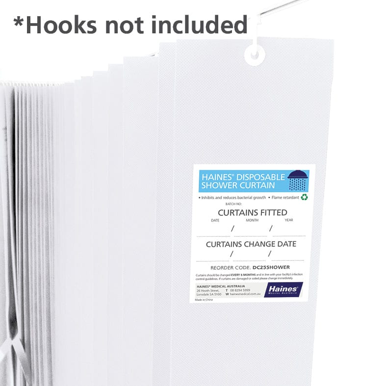 Haines Disposable Shower Curtain 2.5m x 1.8m White. Antimicrobial and fire retar