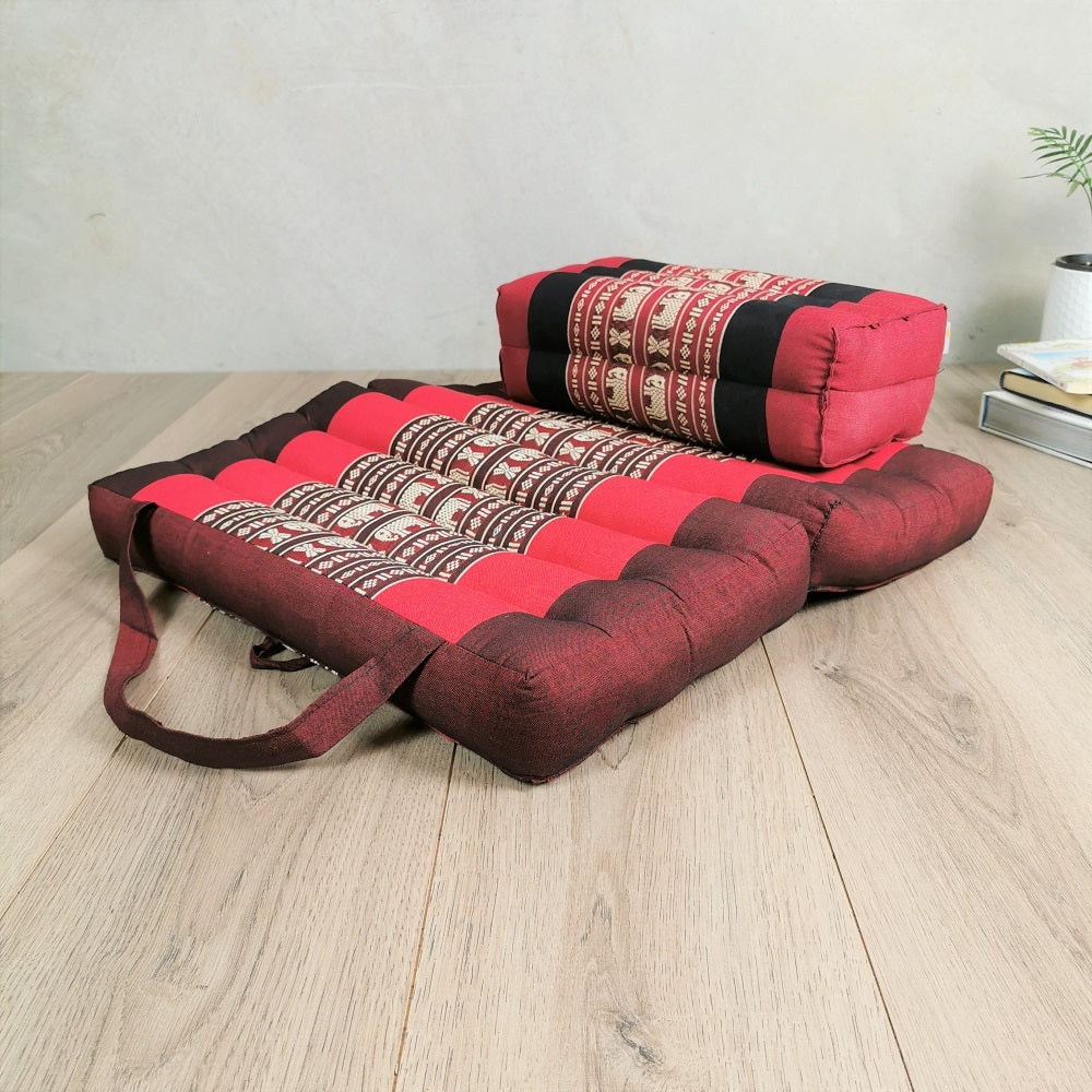 Foldable Meditation Cushion + Kapok Yoga Block Set | Handmade Thai Floor Mat with Handle | Supportive Allergen-Free Seating for Yoga, Meditation, or Travel