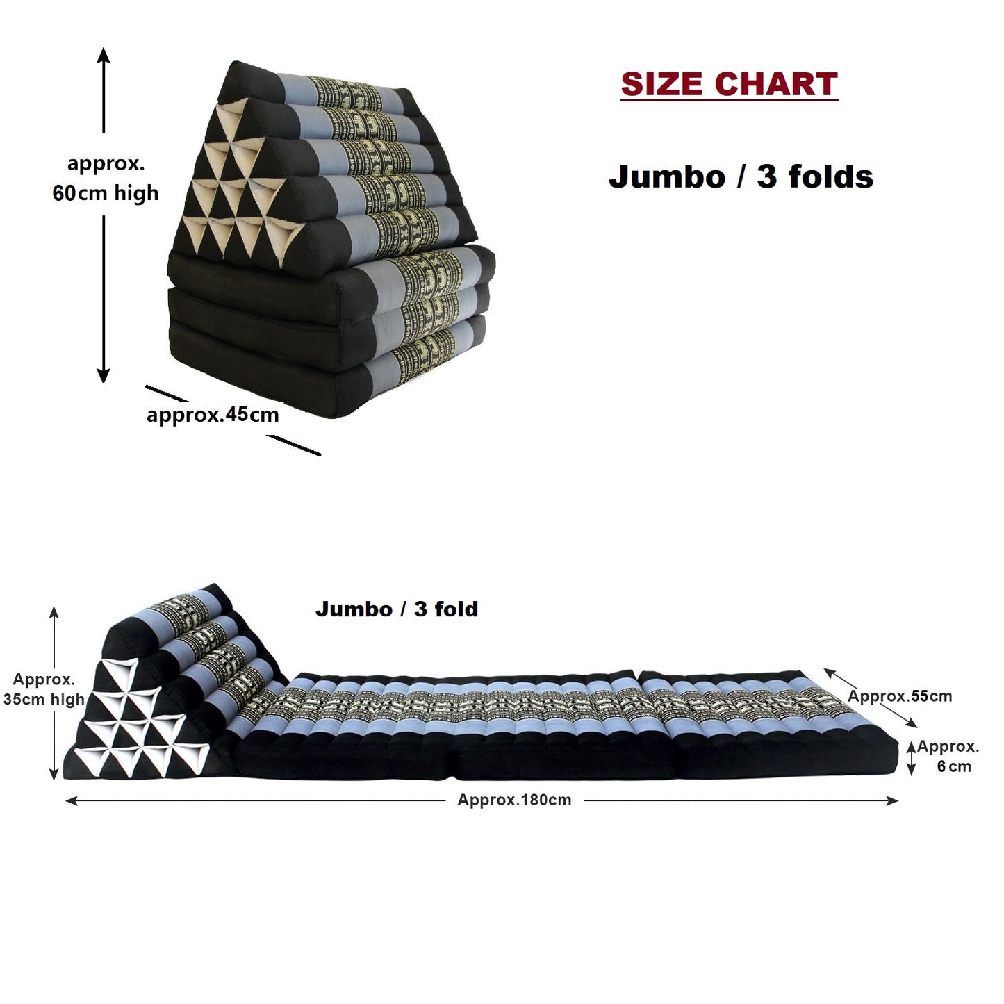 Jumbo Thai Triangle Pillow 3‑Fold – Handmade Kapok Daybed Cushion | Fold-Out Floor Mattress