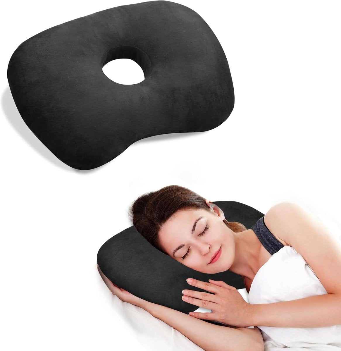 Curved Side Pillow with Ear Holes - Adjustable Machine Washable Black