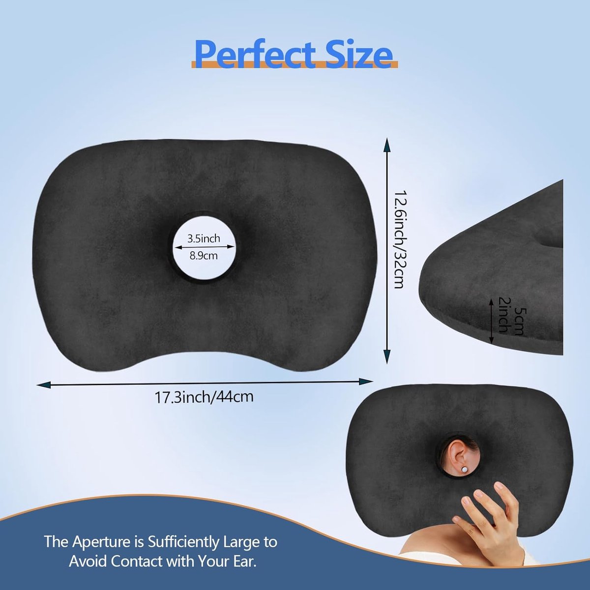 Curved Side Pillow with Ear Holes - Adjustable Machine Washable Black