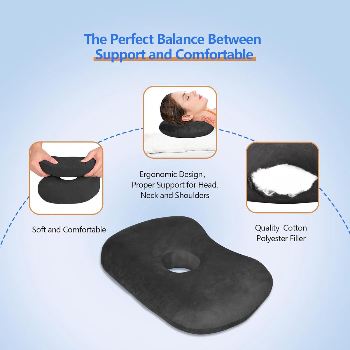 Curved Side Pillow with Ear Holes - Adjustable Machine Washable Black