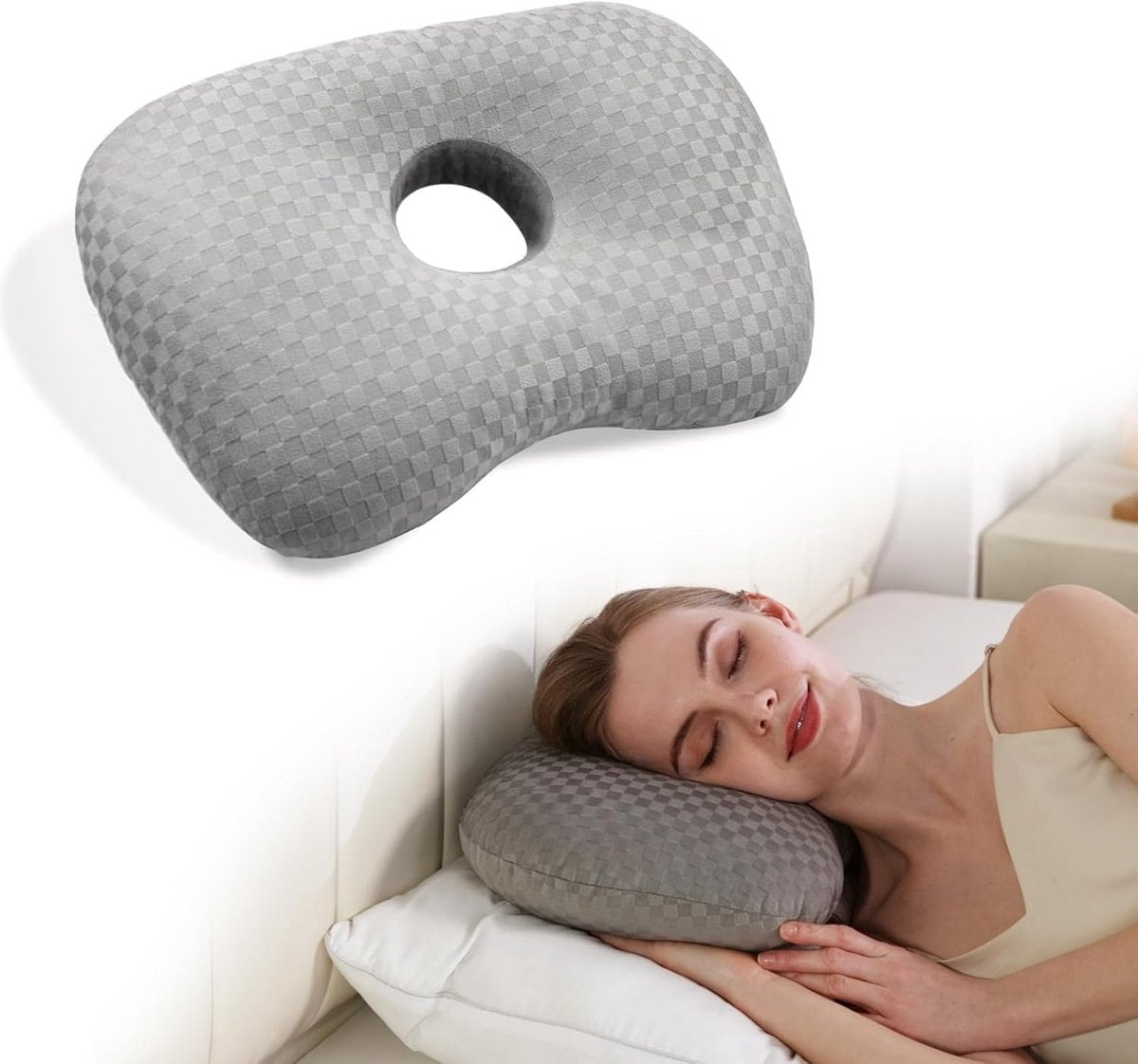Donut Ear Pillow for Side Sleepers - Pain Relief Ring Cushion 32x44cm Grey