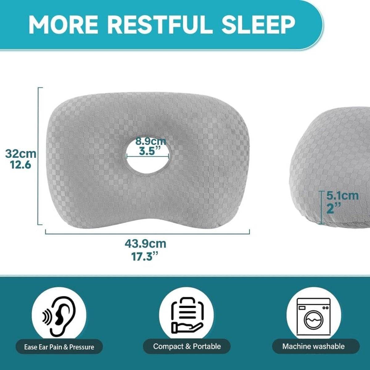 Donut Ear Pillow for Side Sleepers - Pain Relief Ring Cushion 32x44cm Grey