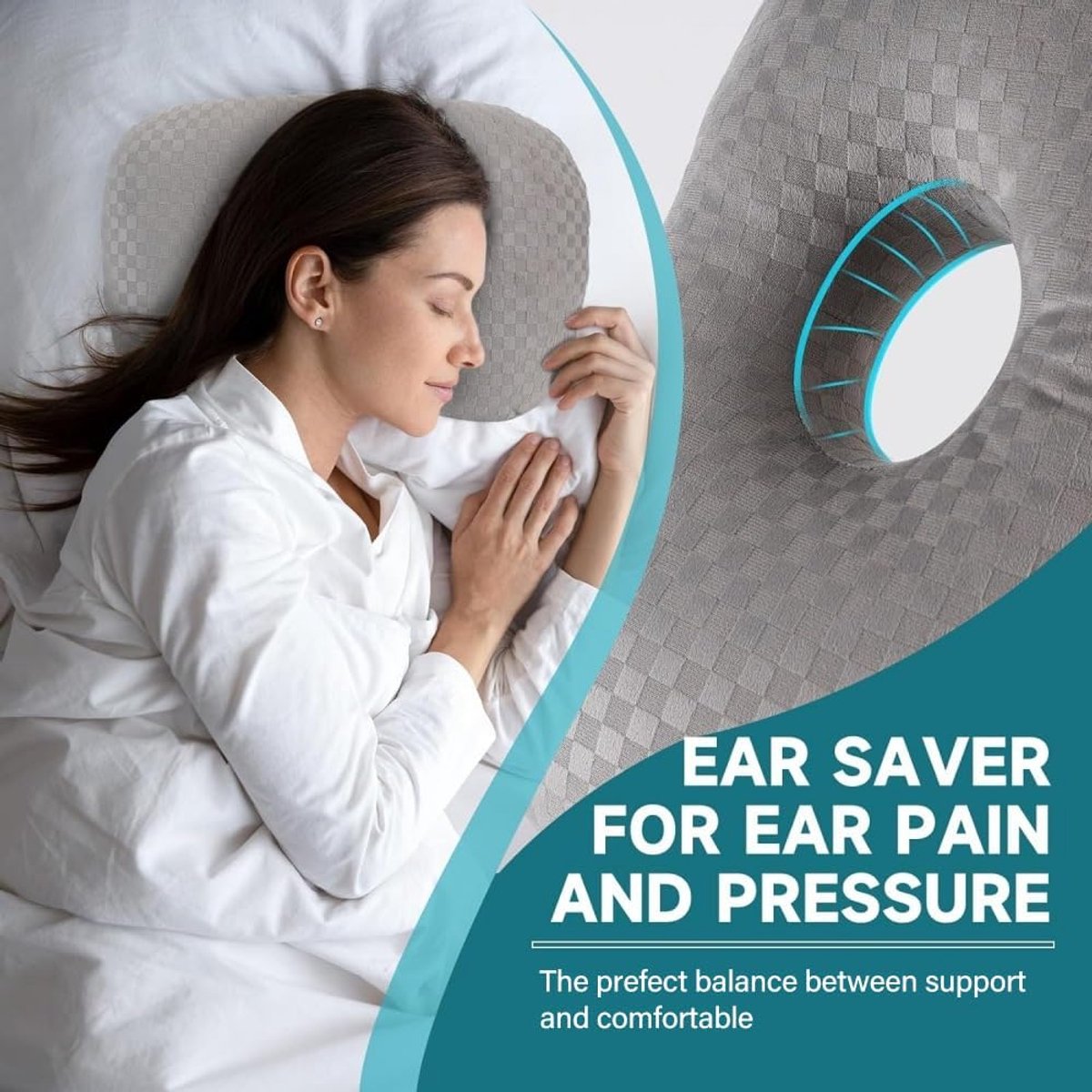 Donut Ear Pillow for Side Sleepers - Pain Relief Ring Cushion 32x44cm Grey