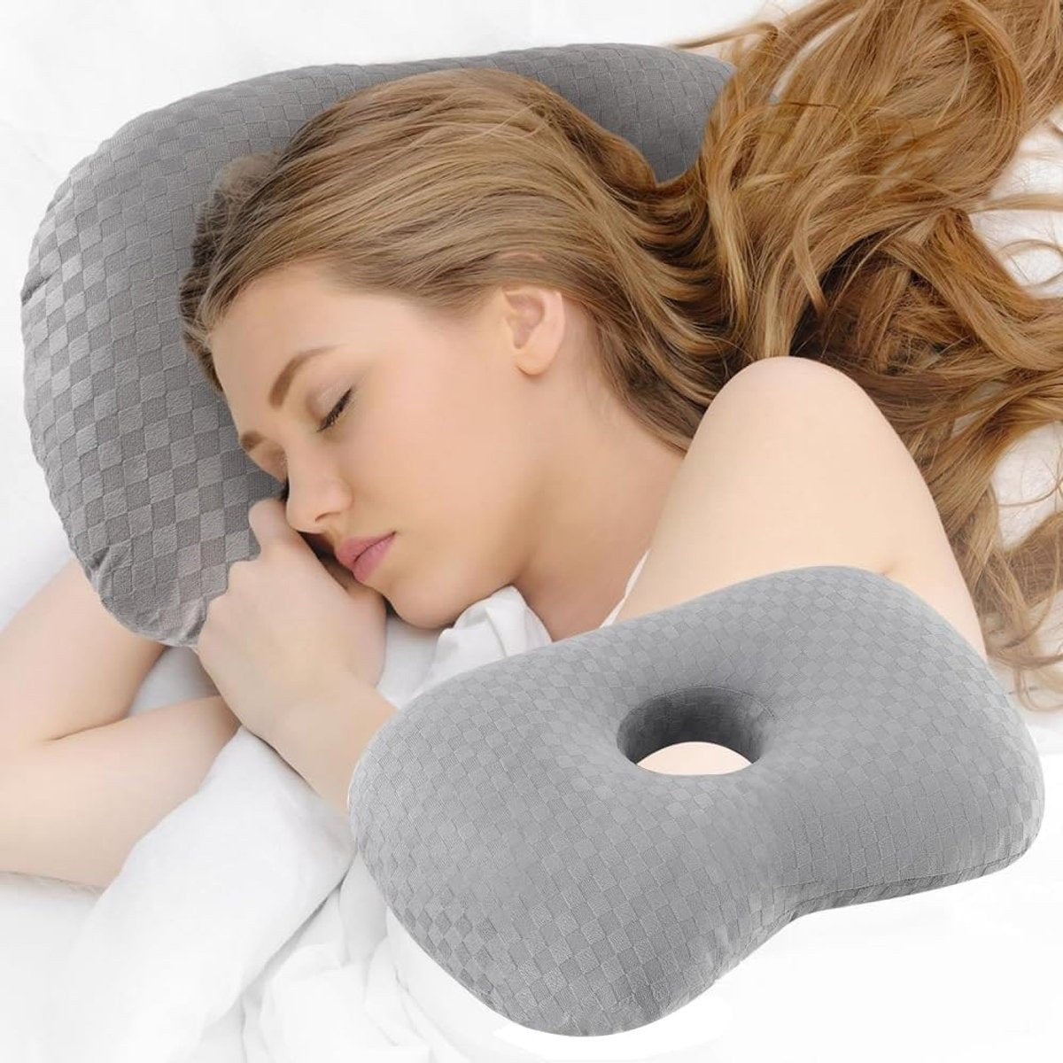 Donut Ear Pillow for Side Sleepers - Pain Relief Ring Cushion 32x44cm Grey