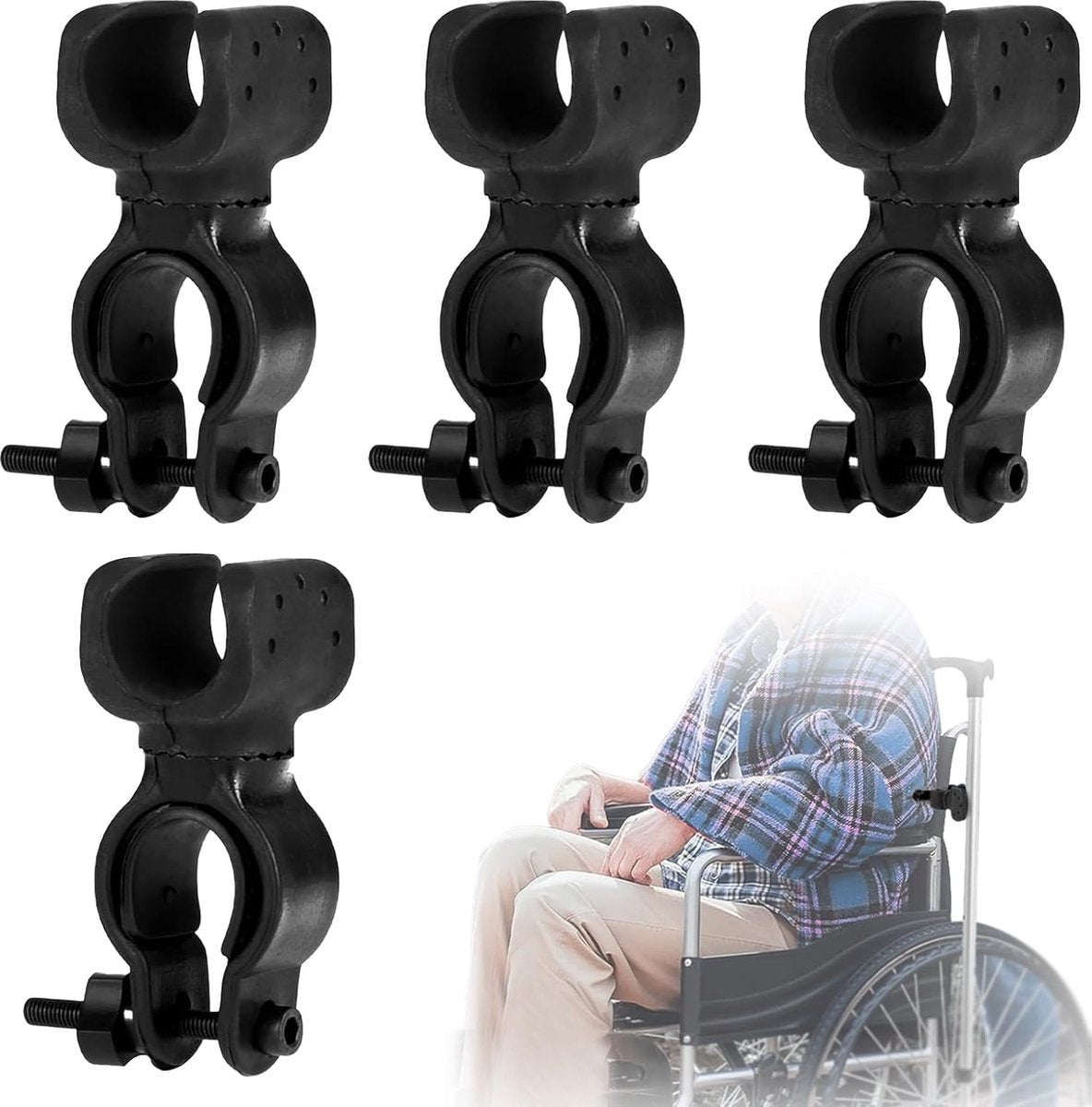 Crutch & Cane Holder 4-Pack - Universal Clip for Wheelchair Rollator & Scooter