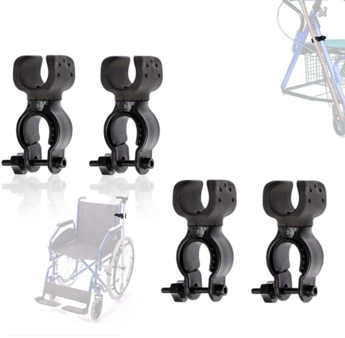 Crutch & Cane Holder 4-Pack - Universal Clip for Wheelchair Rollator & Scooter