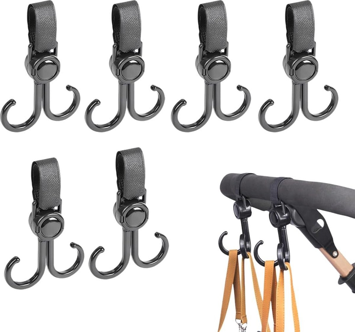 Stroller Bag Hooks 6-Pack - Universal Heavy Duty Buggy & Wheelchair Hooks Black