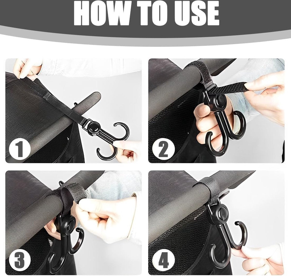 Stroller Bag Hooks 6-Pack - Universal Heavy Duty Buggy & Wheelchair Hooks Black