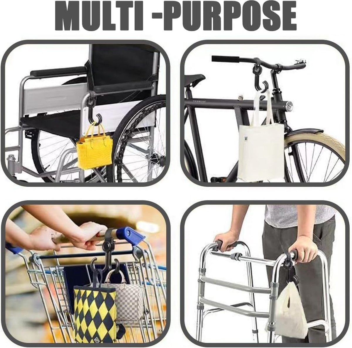 Stroller Bag Hooks 6-Pack - Universal Heavy Duty Buggy & Wheelchair Hooks Black
