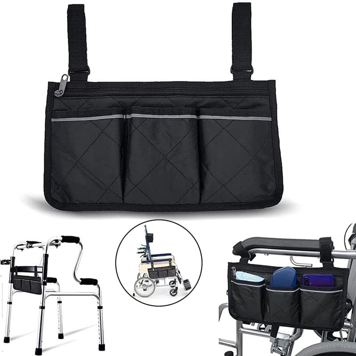 Wheelchair Armrest Bag 32.5x18cm - 4-Compartment Waterproof Universal Side Bag