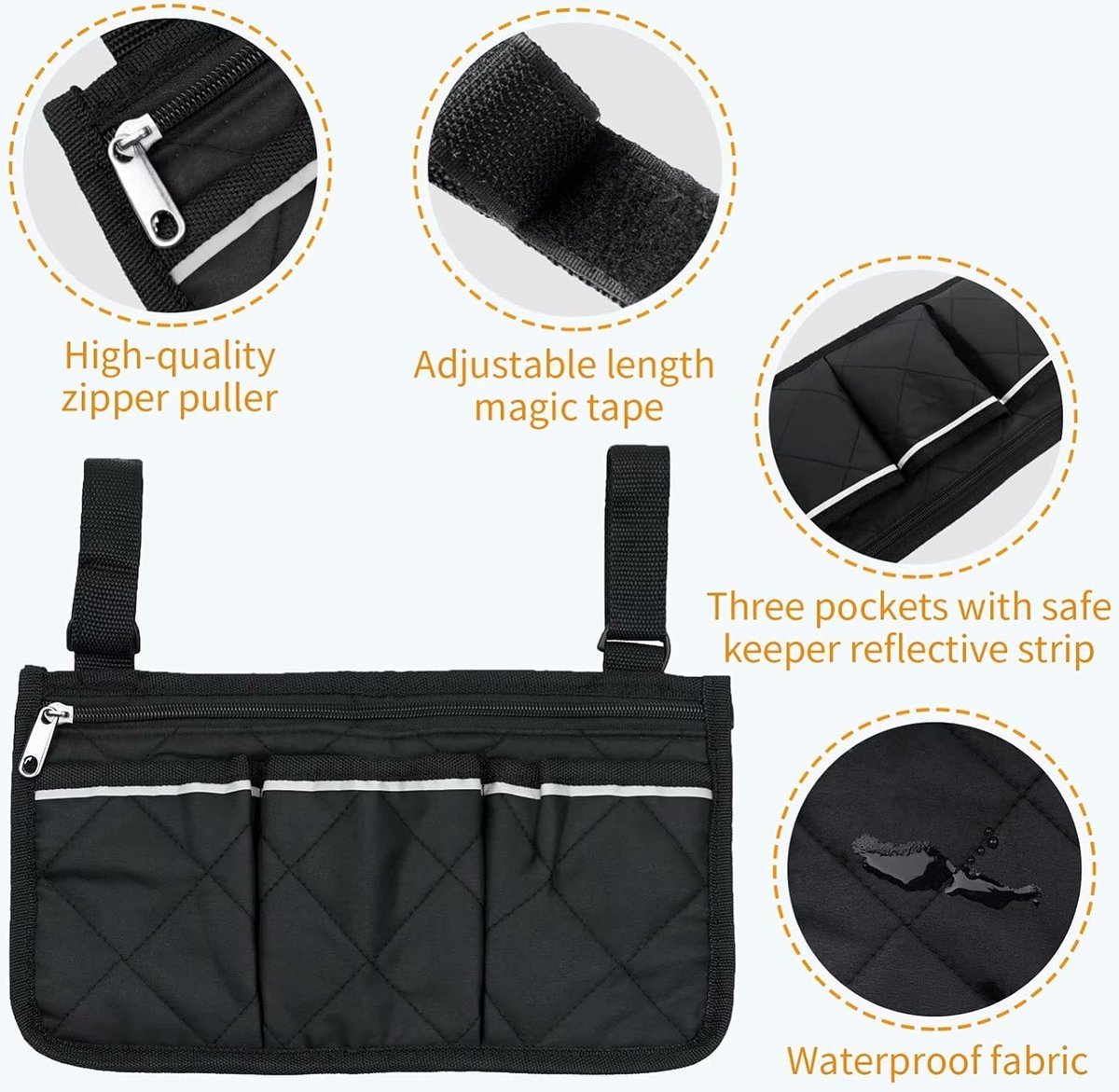Wheelchair Armrest Bag 32.5x18cm - 4-Compartment Waterproof Universal Side Bag