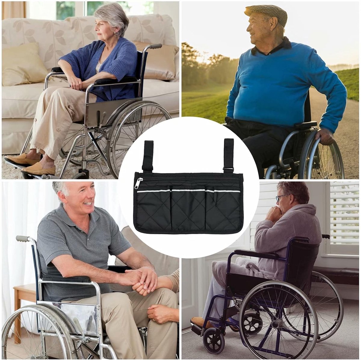 Wheelchair Armrest Bag 32.5x18cm - 4-Compartment Waterproof Universal Side Bag