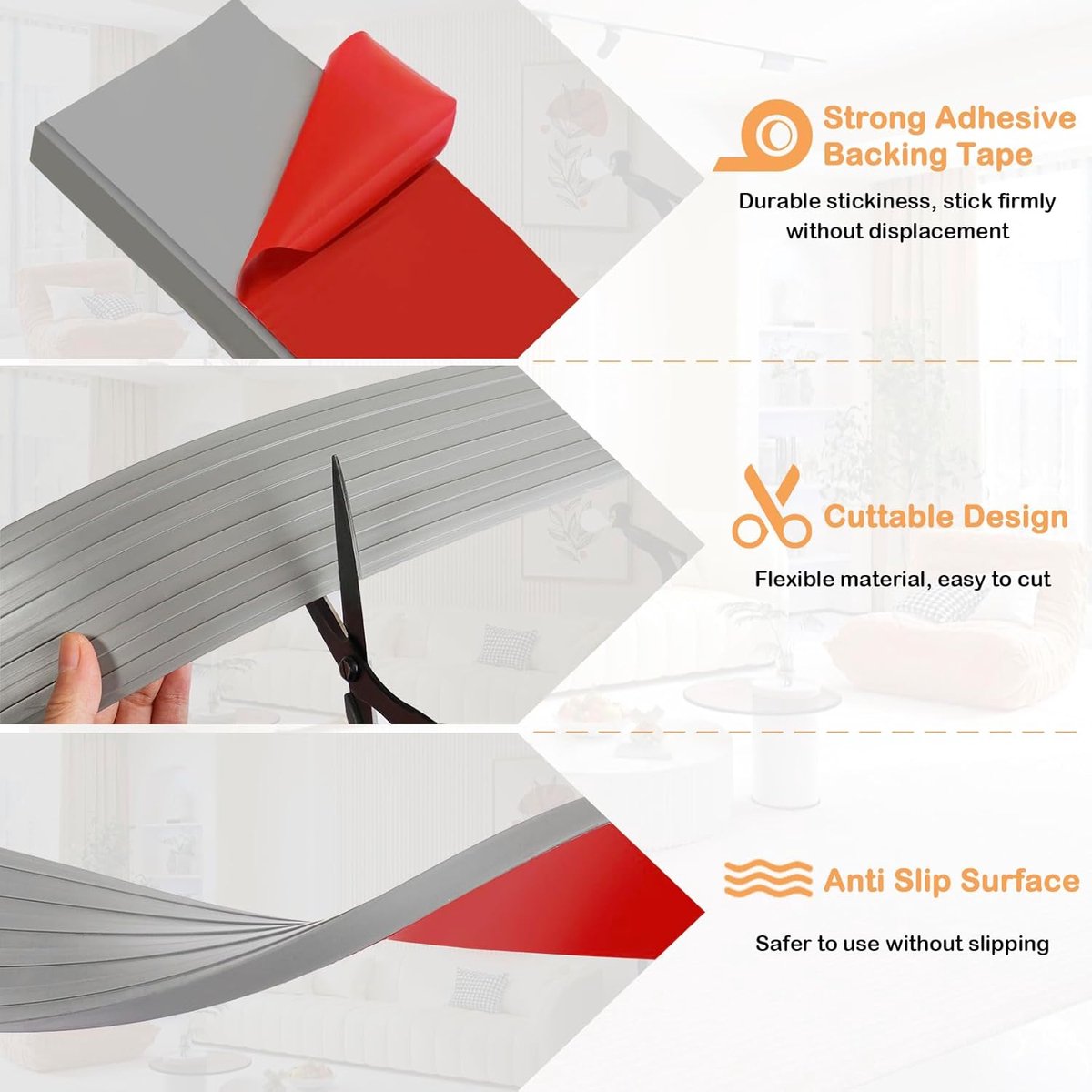 Rubber Threshold Ramp 1m x 10mm - Self-Adhesive Anti-Slip for Wheelchairs Grey