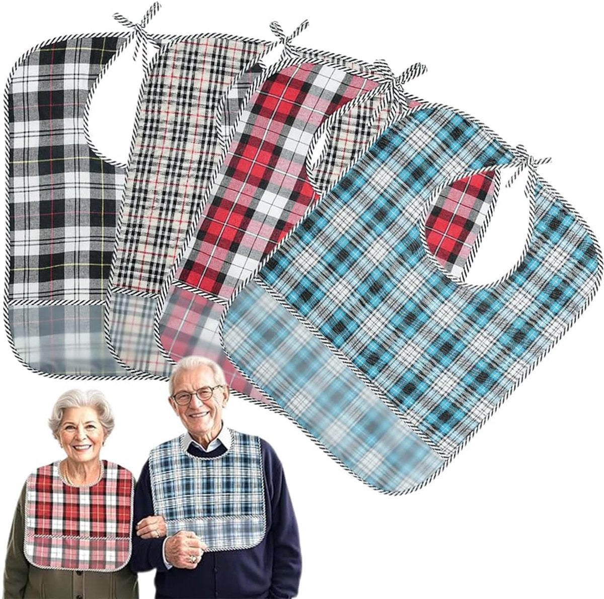 Adult Bibs 4-Pack 58.5x38cm - Waterproof Washable Checked Bib with Crumb Catcher