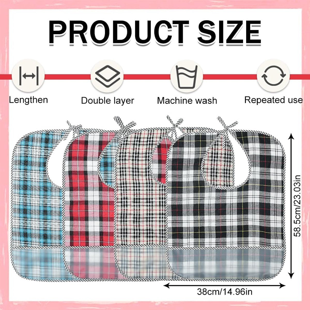Adult Bibs 4-Pack 58.5x38cm - Waterproof Washable Checked Bib with Crumb Catcher