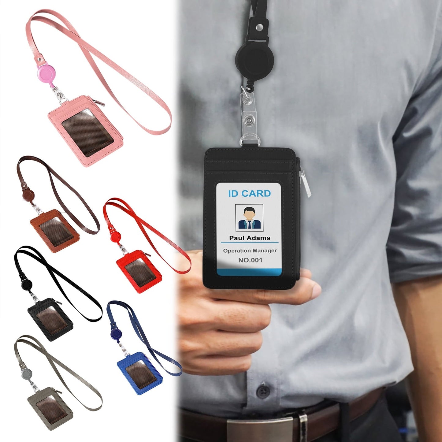 Slim PU Leather ID Badge Holder Wallet,with Zip, Neck Lanyard & Retractable Reel,ID Card Wallet, Badge Holder with Lanyard, PU Leather Badge Case, Retractable Badge Reel Holder(Red) Red