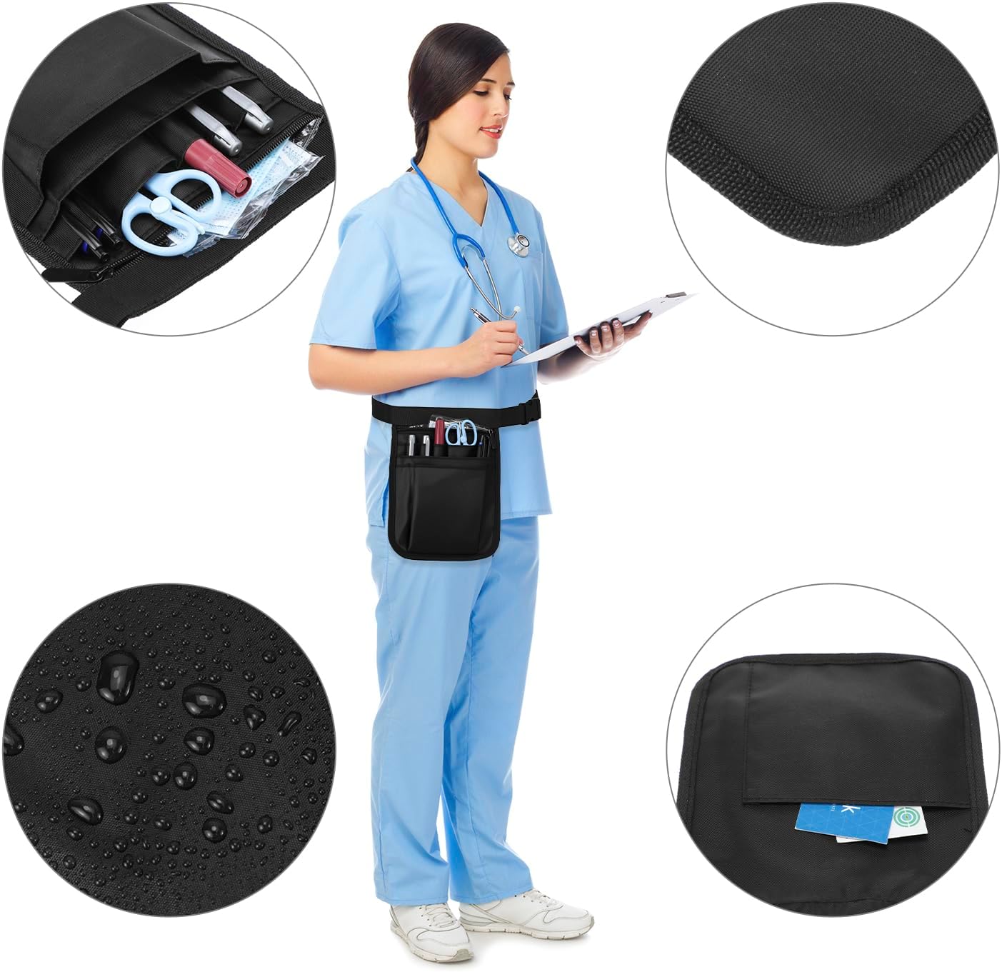 Nurse Medical Organizer Belt Waist Bag - Tool Pouch for Care Kit (Black 10x7)