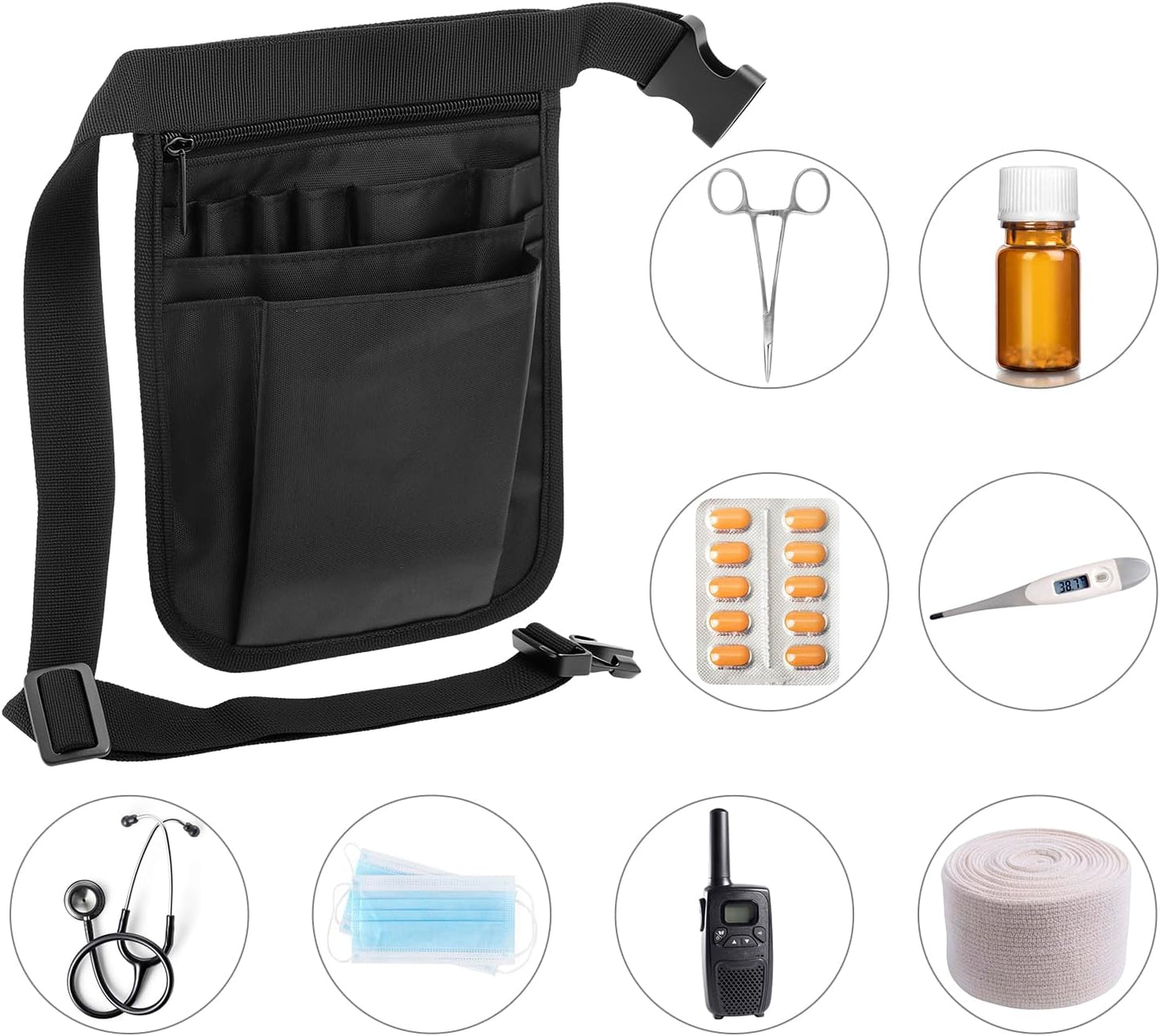 Nurse Medical Organizer Belt Waist Bag - Tool Pouch for Care Kit (Black 10x7)
