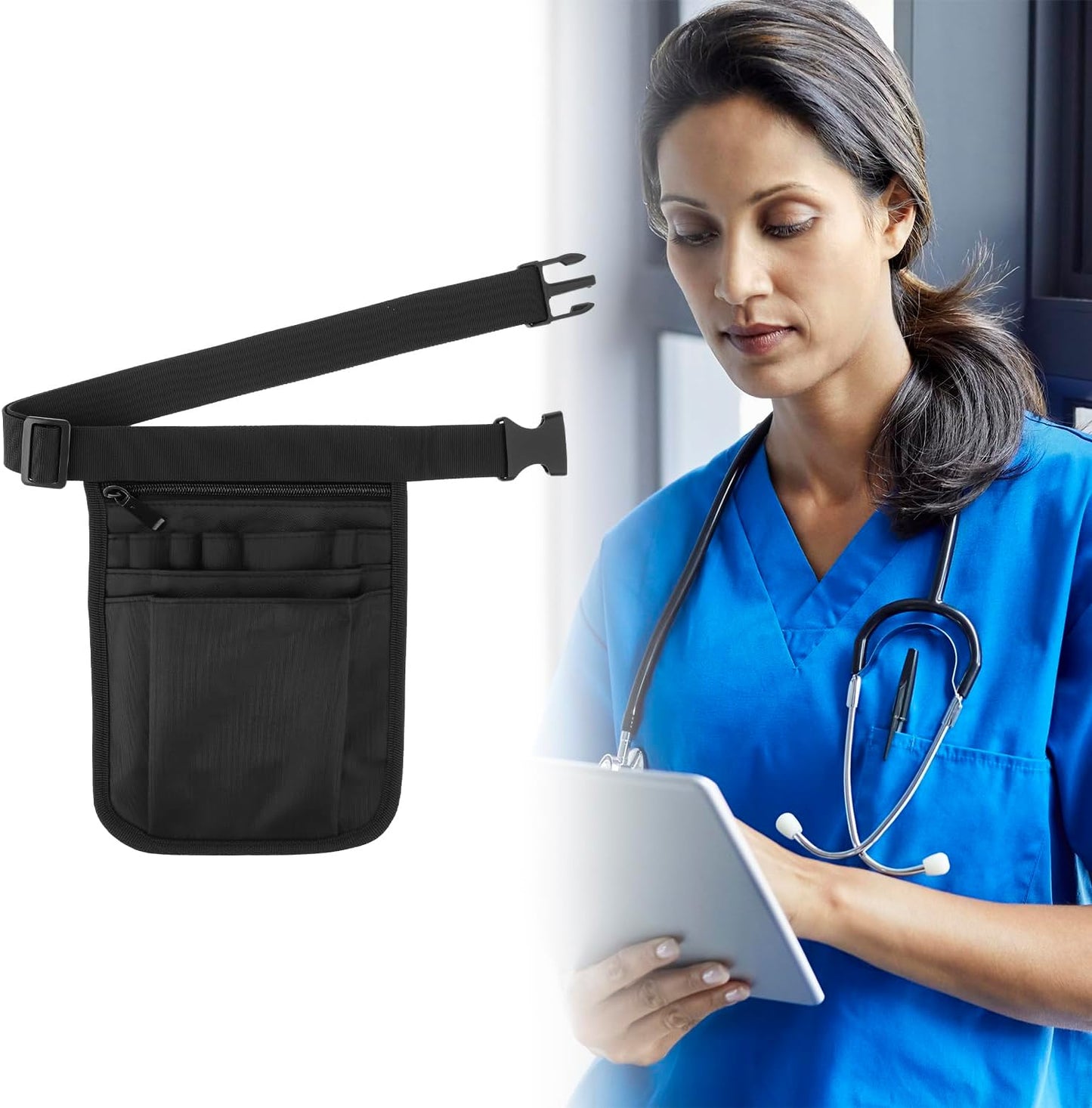 Nurse Medical Organizer Belt Waist Bag - Tool Pouch for Care Kit (Black 10x7)