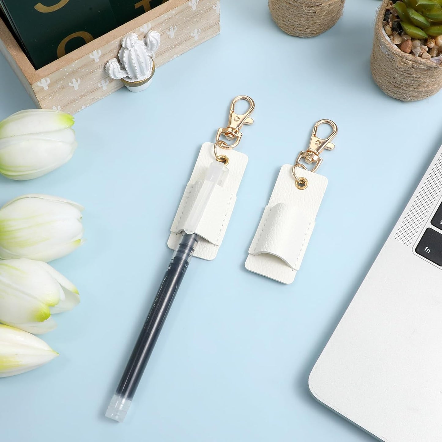 White PU Leather Pen Holder for Lanyard 2-Pack - Retractable Clip for Nurses