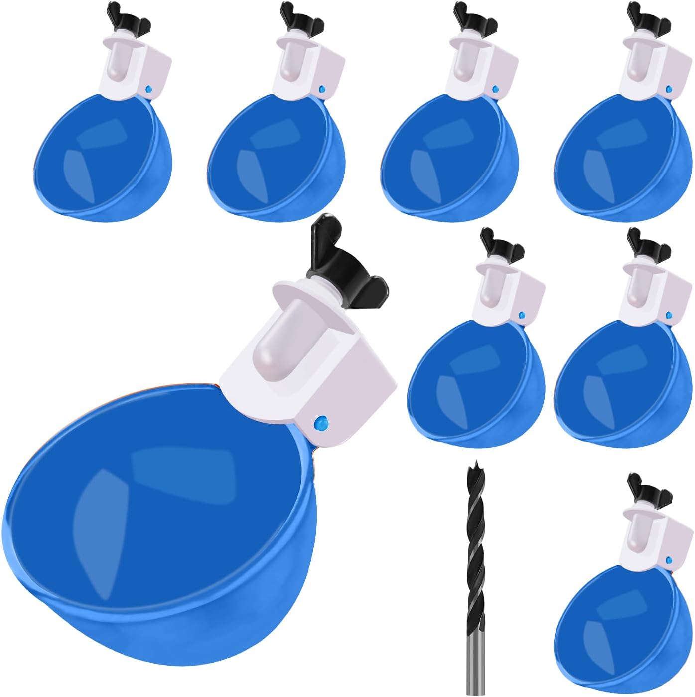 Chicken Waterer Cups 8-Pack Blue - Large Tee Fitting Poultry Drinker with Opener