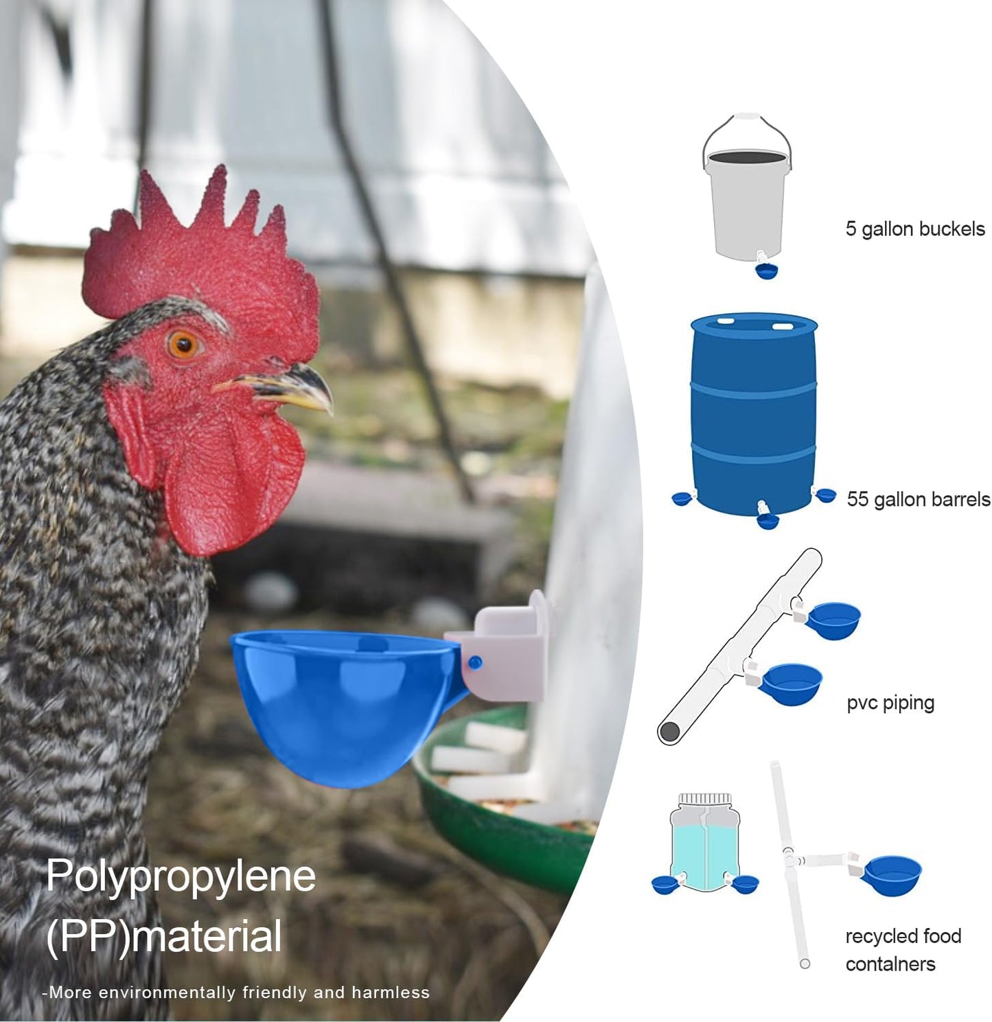 Chicken Waterer Cups 8-Pack Blue - Large Tee Fitting Poultry Drinker with Opener