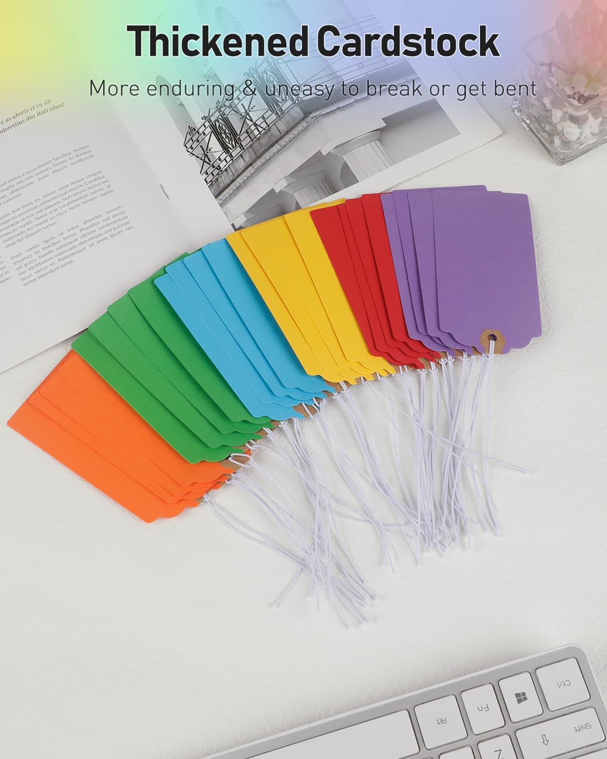 Blank Shipping Tags 72-Pack 4.7x2.375 - Rainbow Cardstock with Elastic String