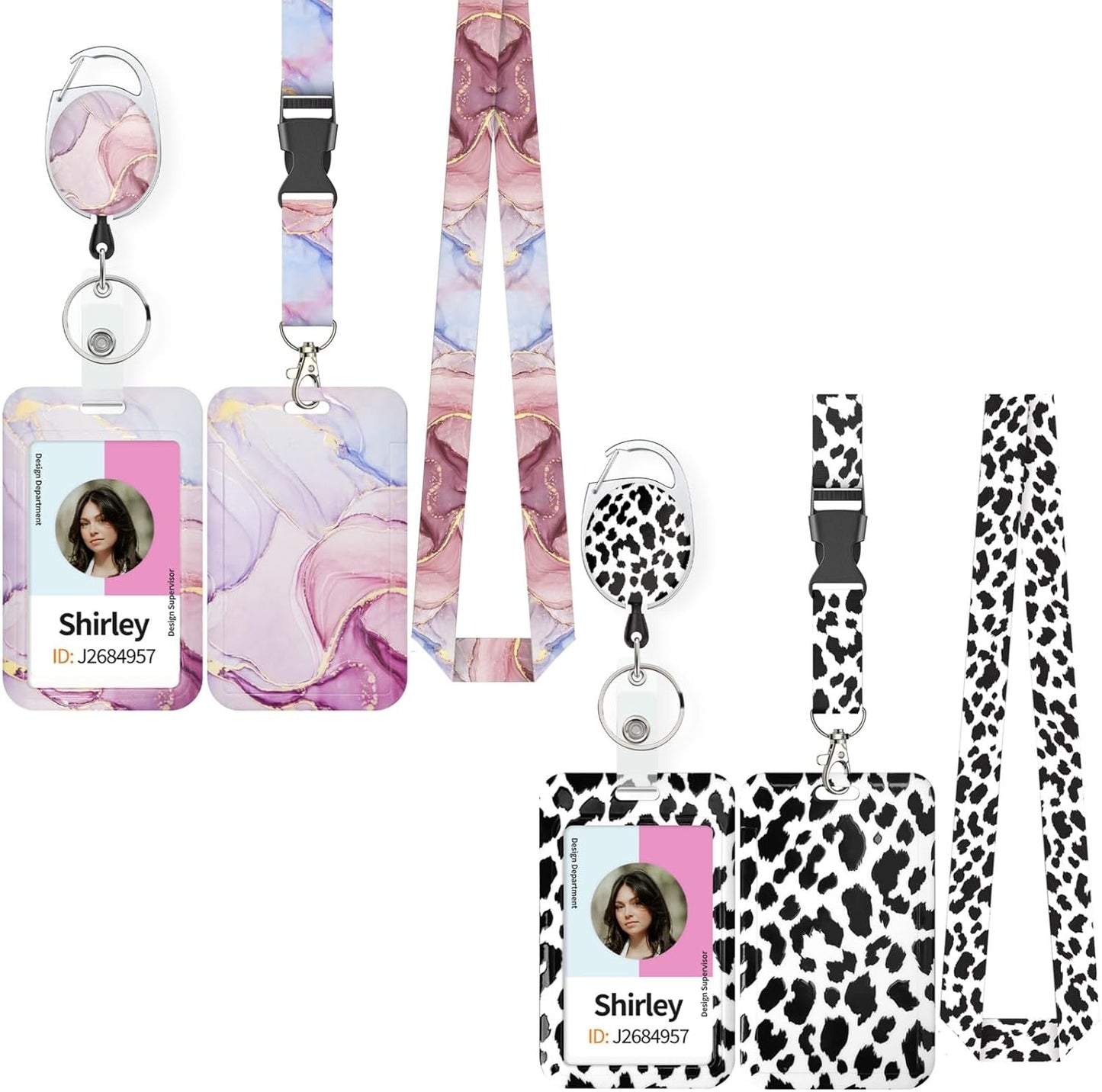 Pink Marble & Leopard Print Badge Holder - Retractable Reel with Carabiner Lanyard