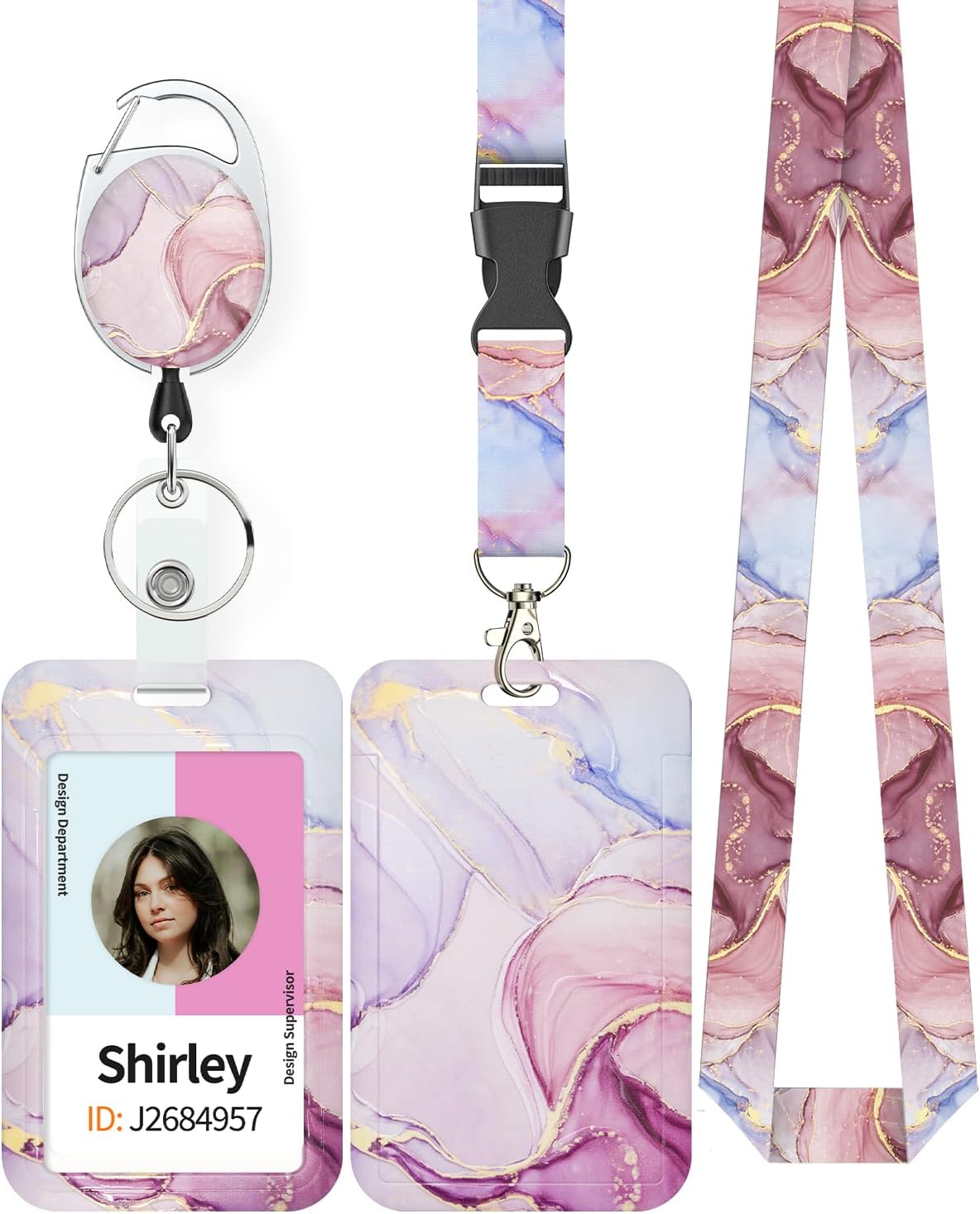 Pink Marble & Leopard Print Badge Holder - Retractable Reel with Carabiner Lanyard