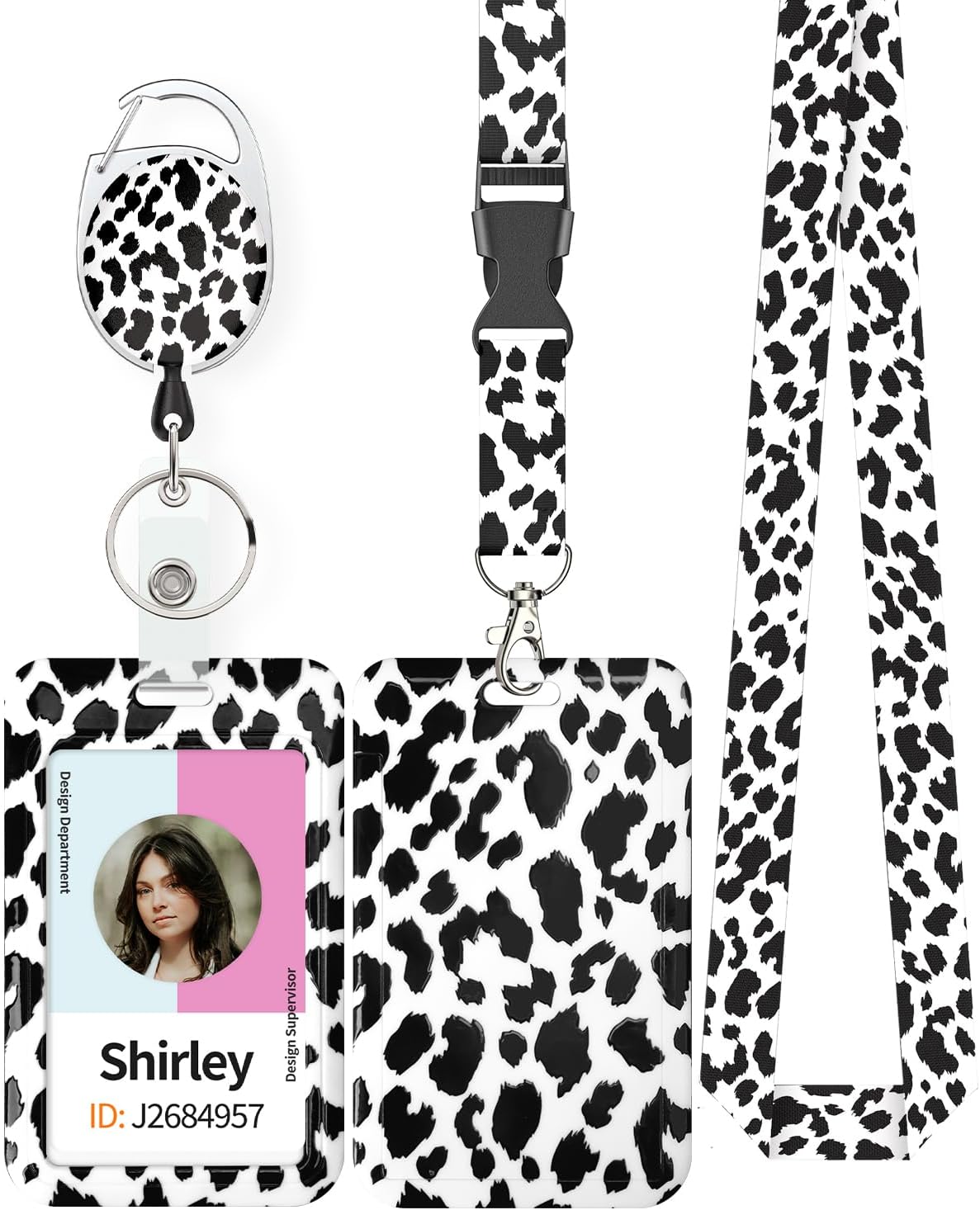 Pink Marble & Leopard Print Badge Holder - Retractable Reel with Carabiner Lanyard