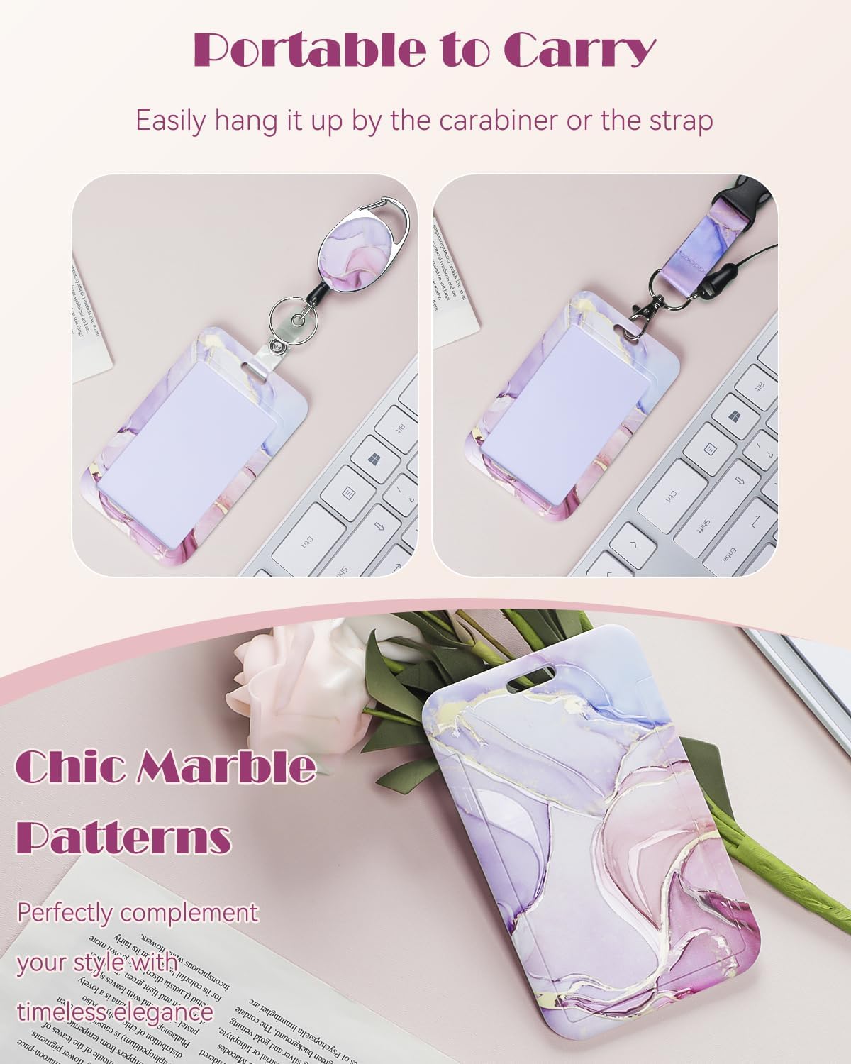 Pink Marble & Leopard Print Badge Holder - Retractable Reel with Carabiner Lanyard