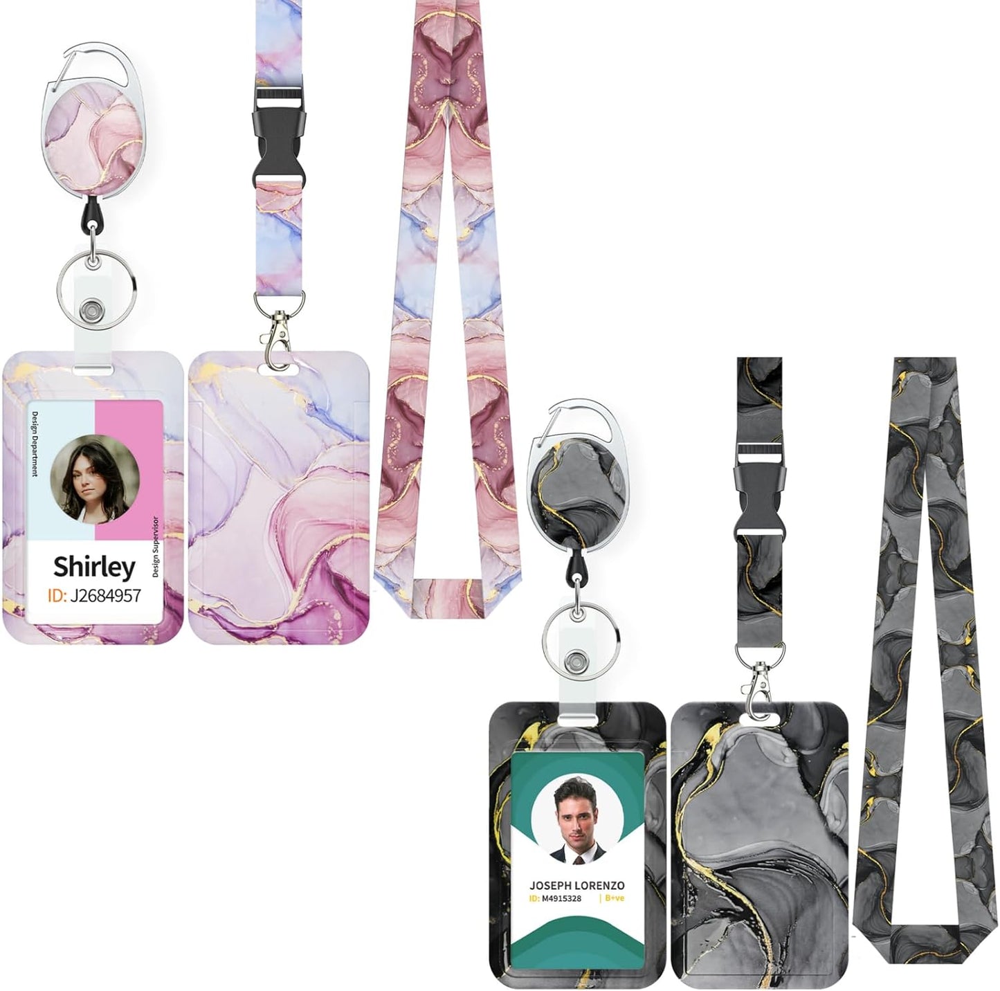 Pink & Black Marble Sliding Badge Holder - Retractable Reel with Carabiner Lanyard