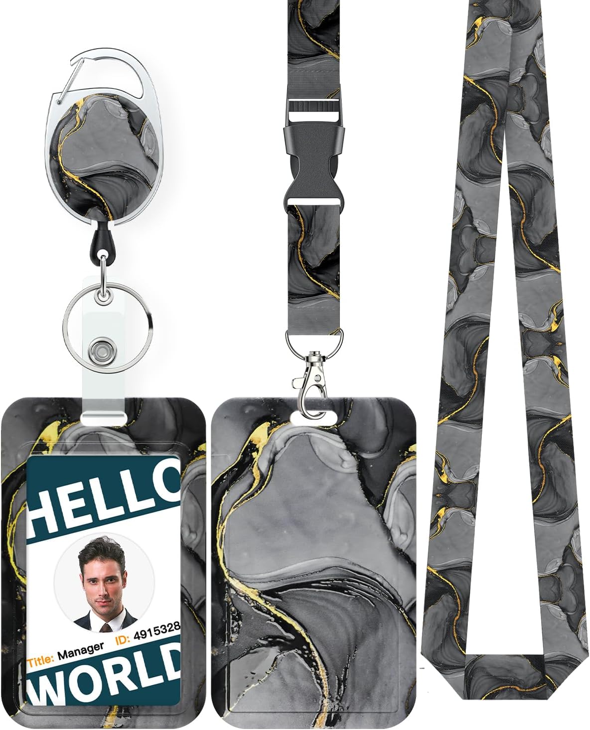 Pink & Black Marble Sliding Badge Holder - Retractable Reel with Carabiner Lanyard