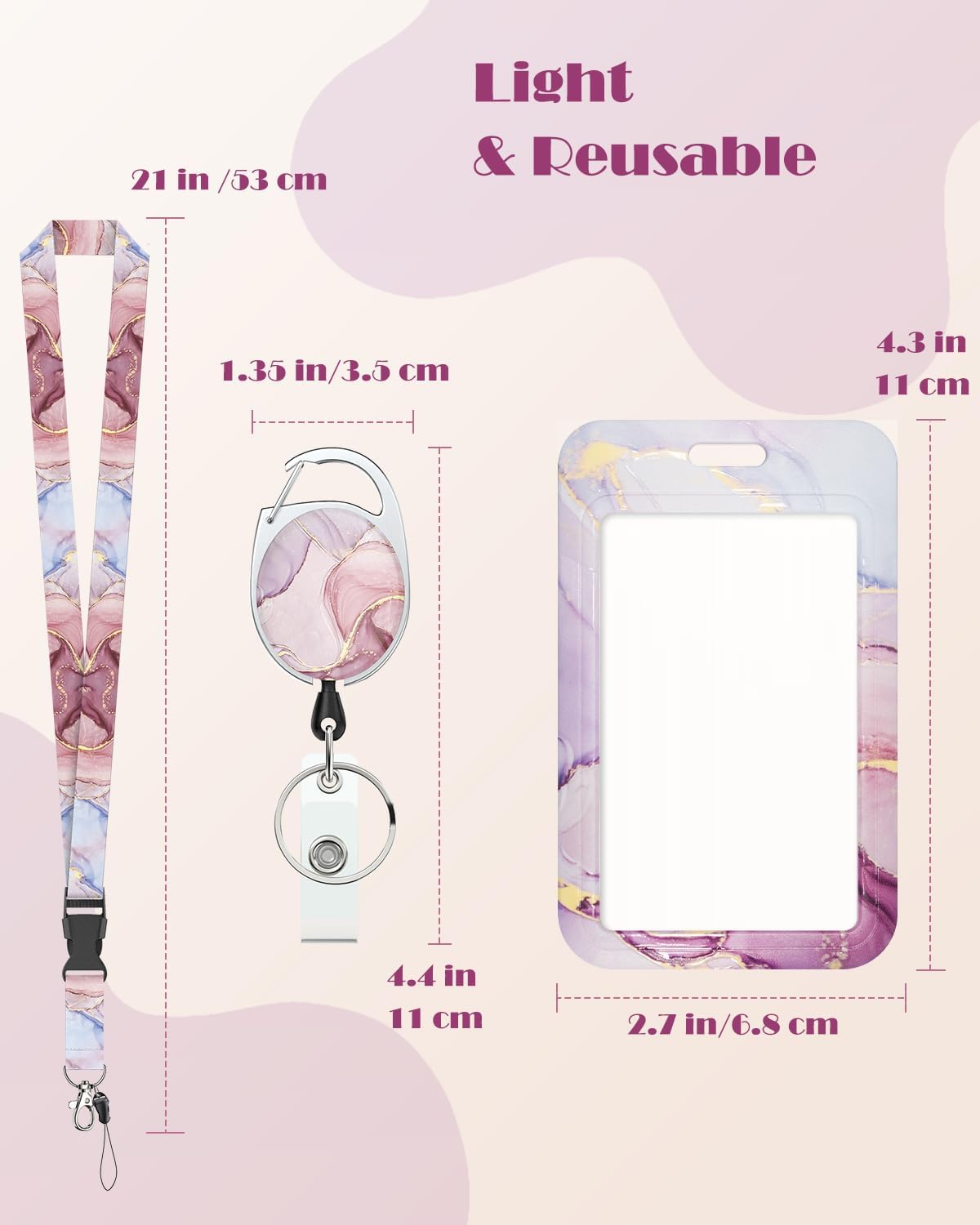 Pink & Black Marble Sliding Badge Holder - Retractable Reel with Carabiner Lanyard
