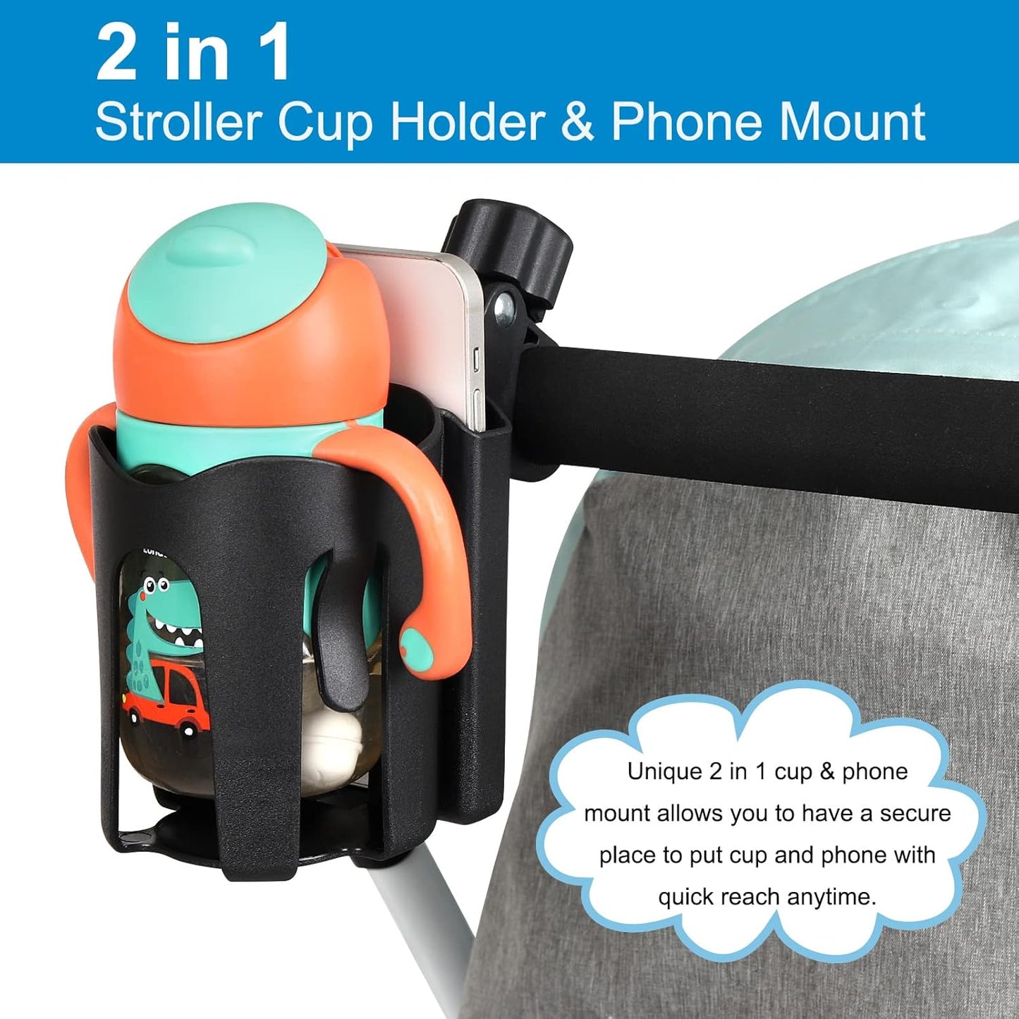 2-in-1 Universal Cup & Phone Holder - For Stroller Bike Rollator & Wheelchair