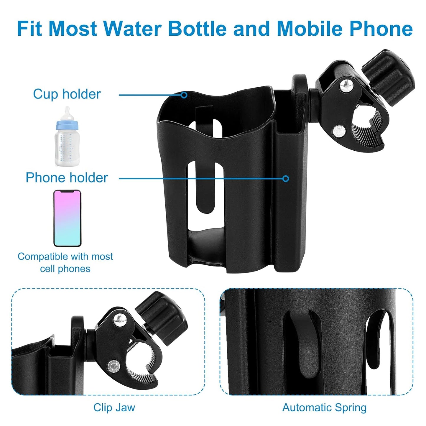 2-in-1 Universal Cup & Phone Holder - For Stroller Bike Rollator & Wheelchair