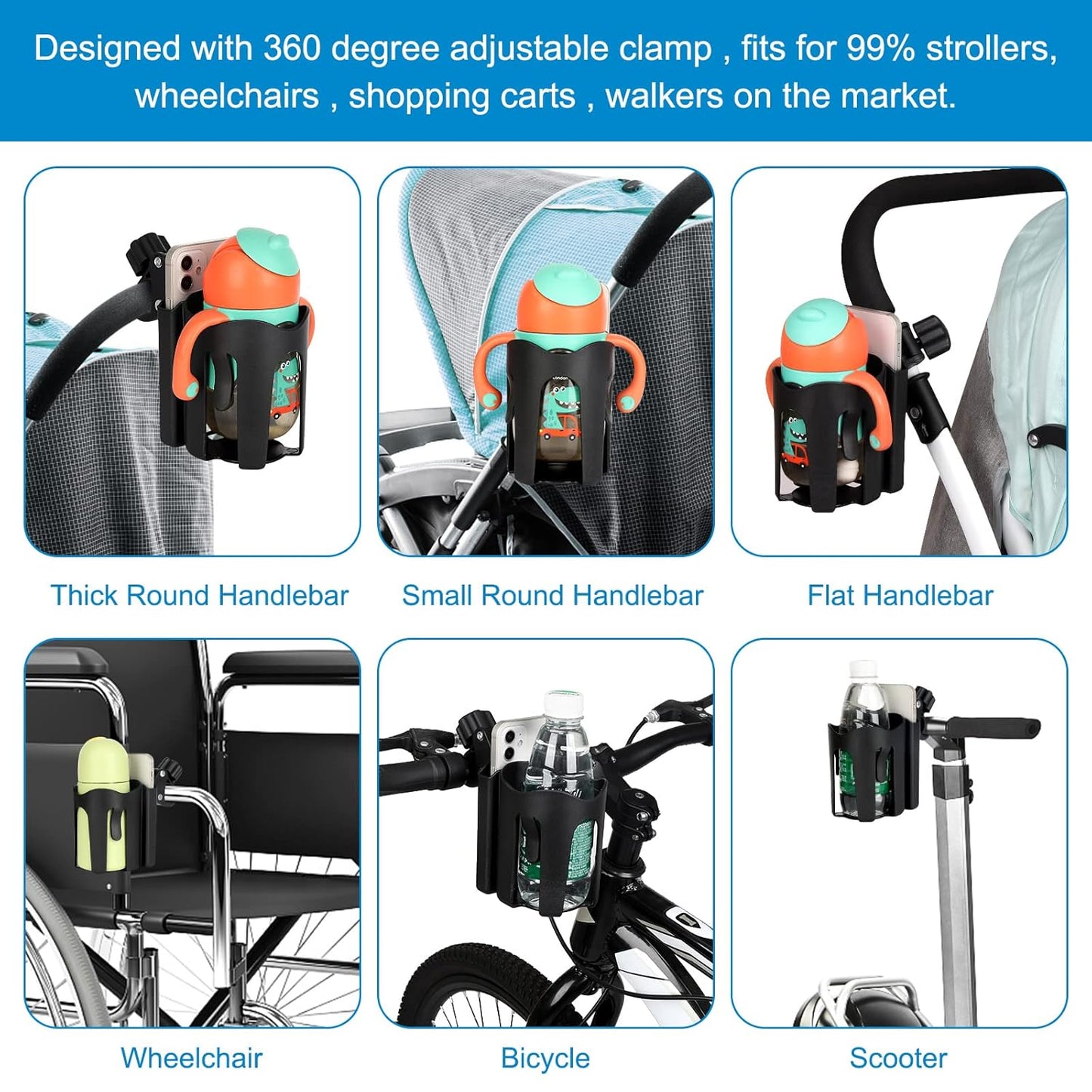 2-in-1 Universal Cup & Phone Holder - For Stroller Bike Rollator & Wheelchair