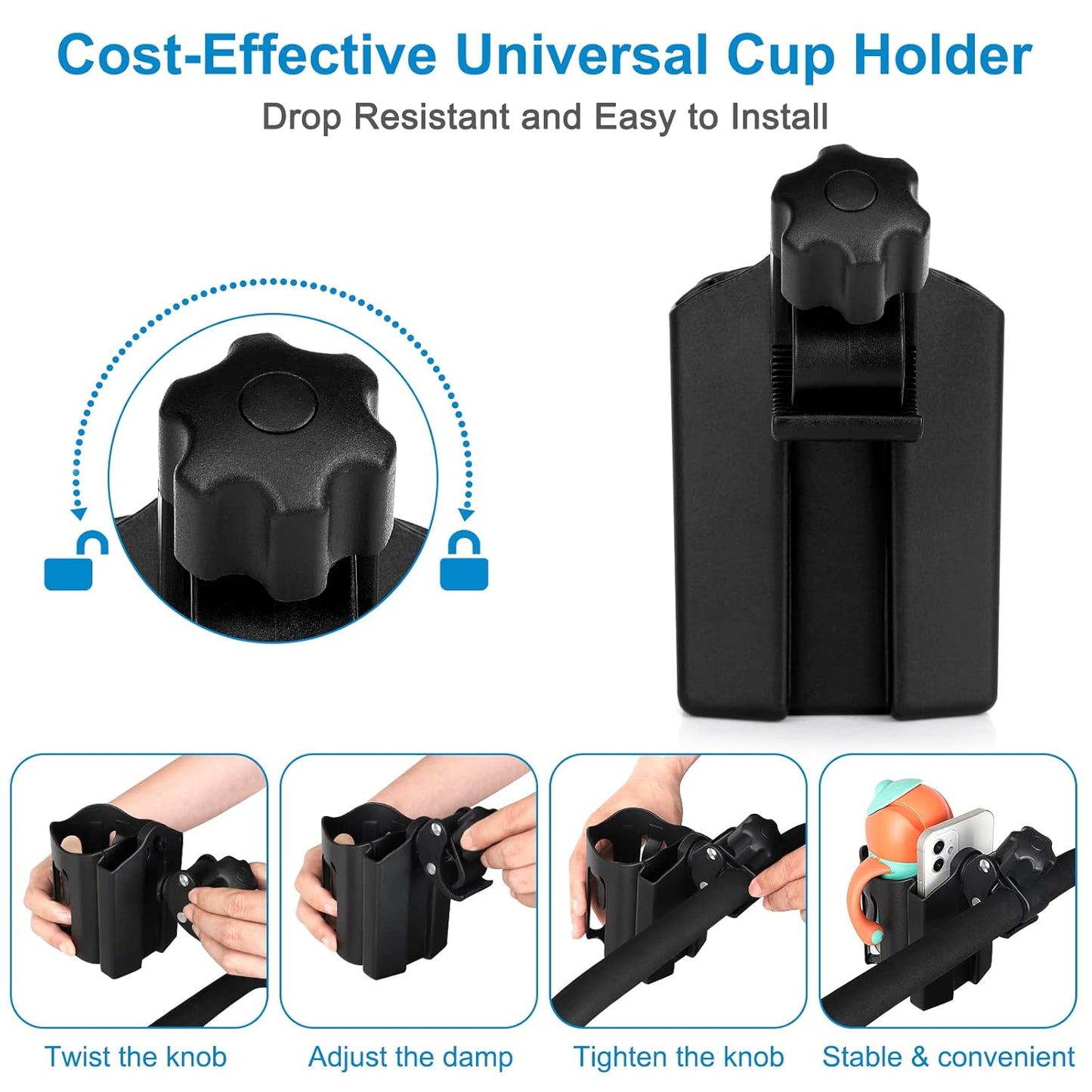 2-in-1 Universal Cup & Phone Holder - For Stroller Bike Rollator & Wheelchair
