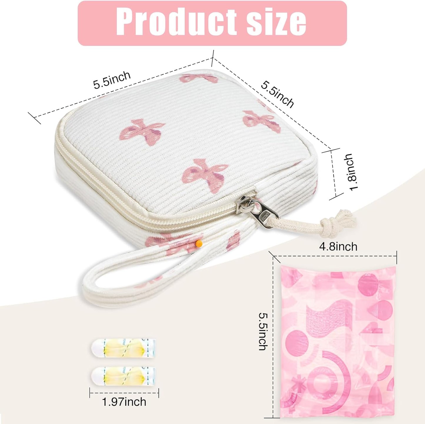 Period Pad Pouch & Tampon Holder - Discreet Sanitary Bag for Purse (Bow Pink)