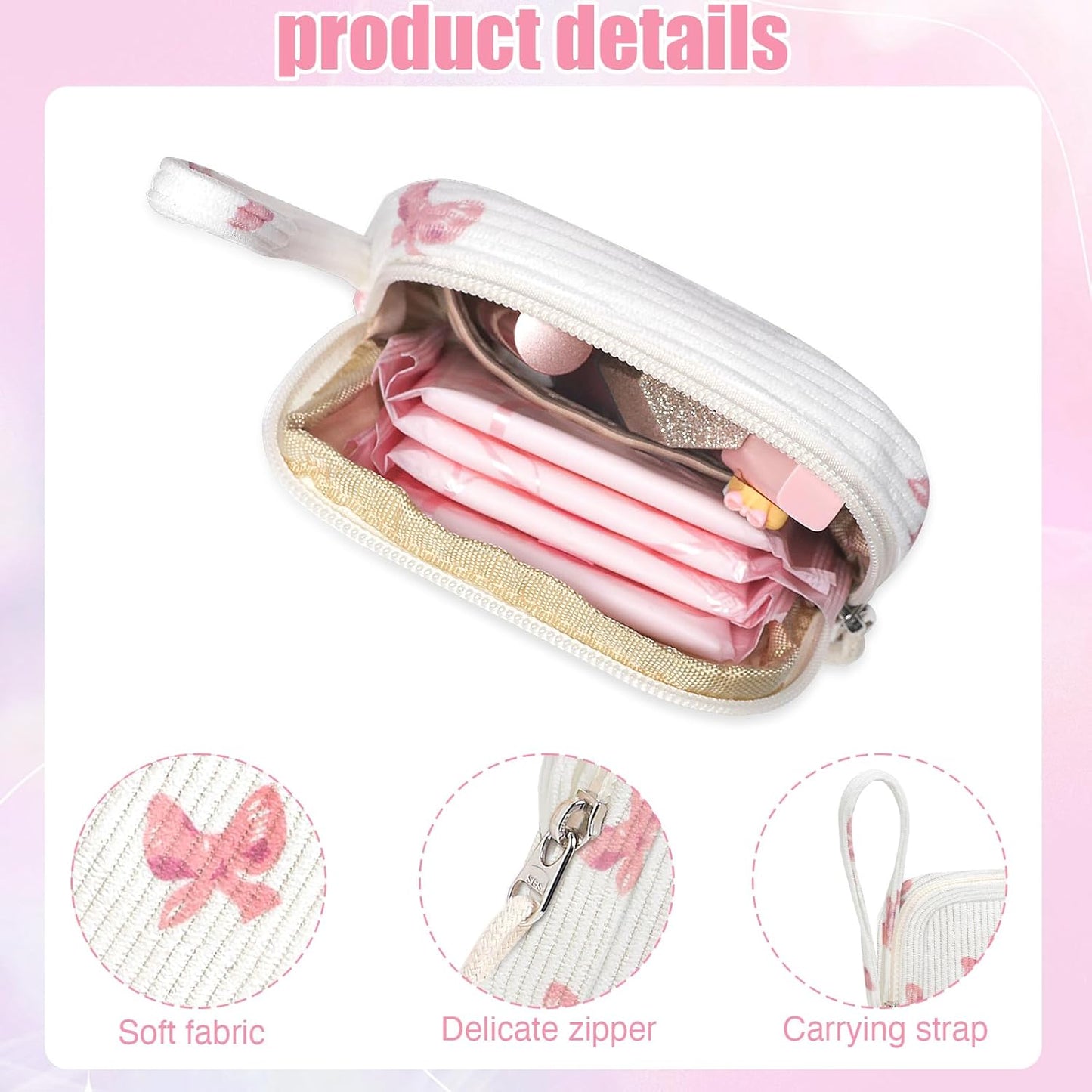 Period Pad Pouch & Tampon Holder - Discreet Sanitary Bag for Purse (Bow Pink)