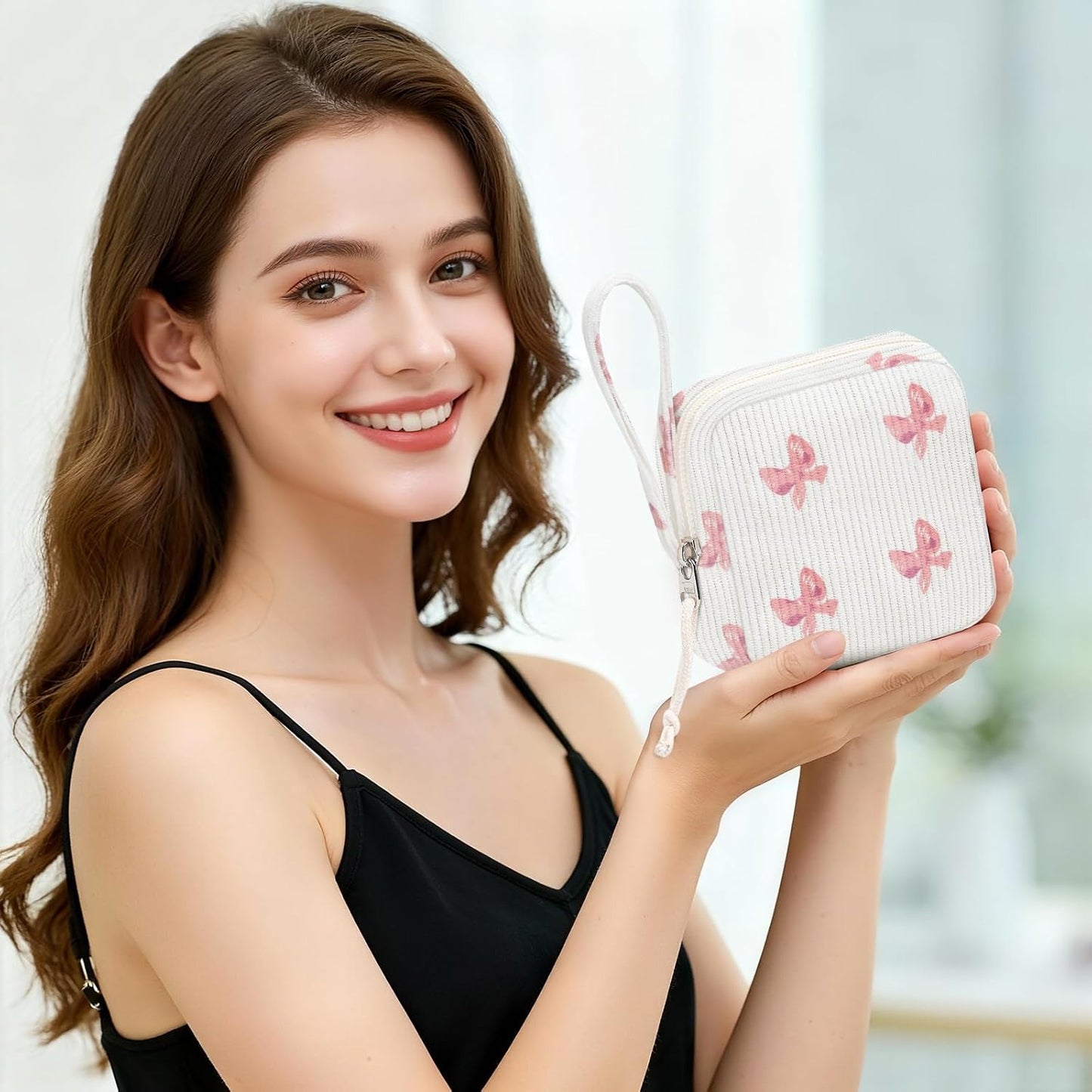 Period Pad Pouch & Tampon Holder - Discreet Sanitary Bag for Purse (Bow Pink)