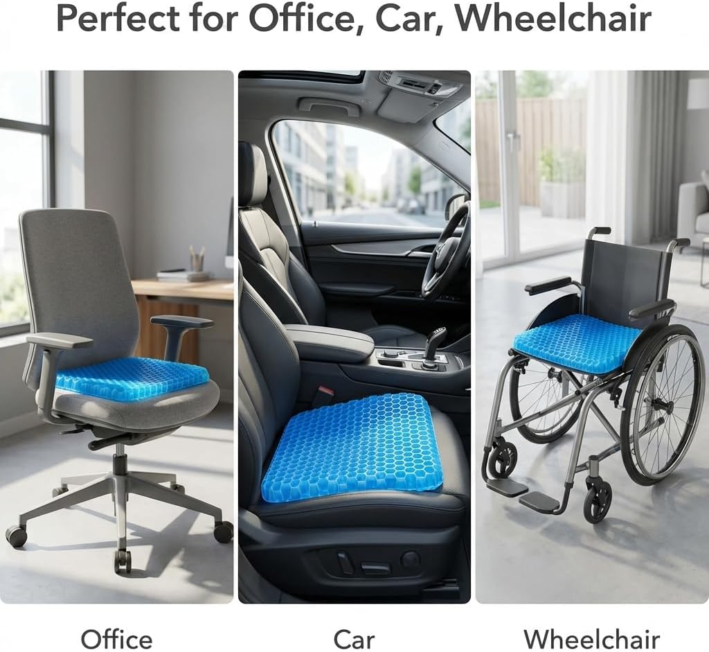 Gel Seat Cushion - Cool Breathable Non-Slip for Car Office & Wheelchair Blue