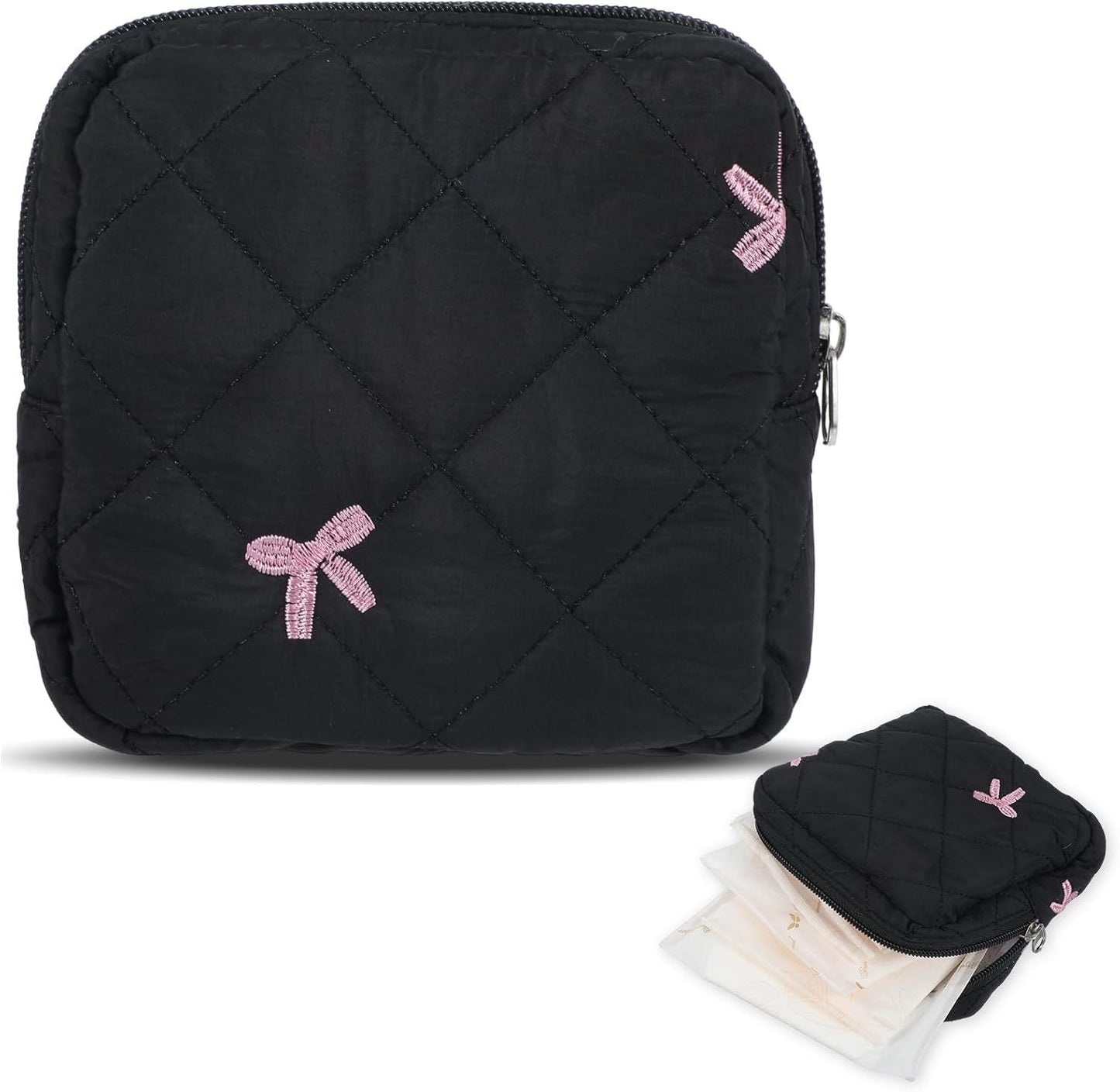 Period Pouch for Pads & Tampons - Cute Bow Design First Period Gift (Black)