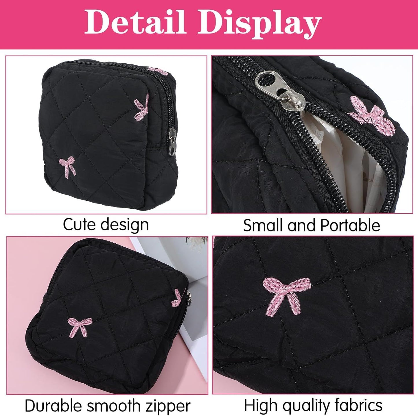 Period Pouch for Pads & Tampons - Cute Bow Design First Period Gift (Black)