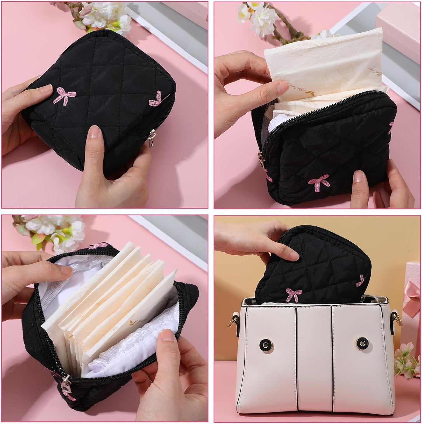 Period Pouch for Pads & Tampons - Cute Bow Design First Period Gift (Black)