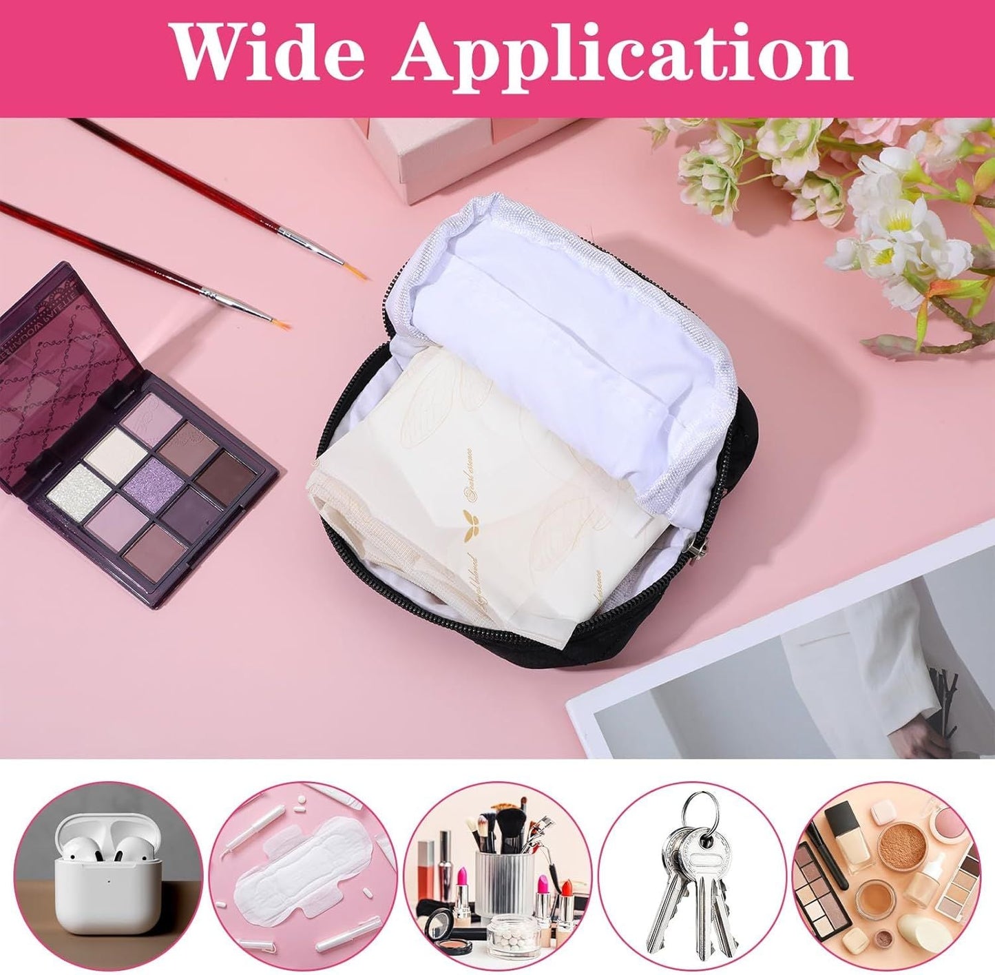 Period Pouch for Pads & Tampons - Cute Bow Design First Period Gift (Black)