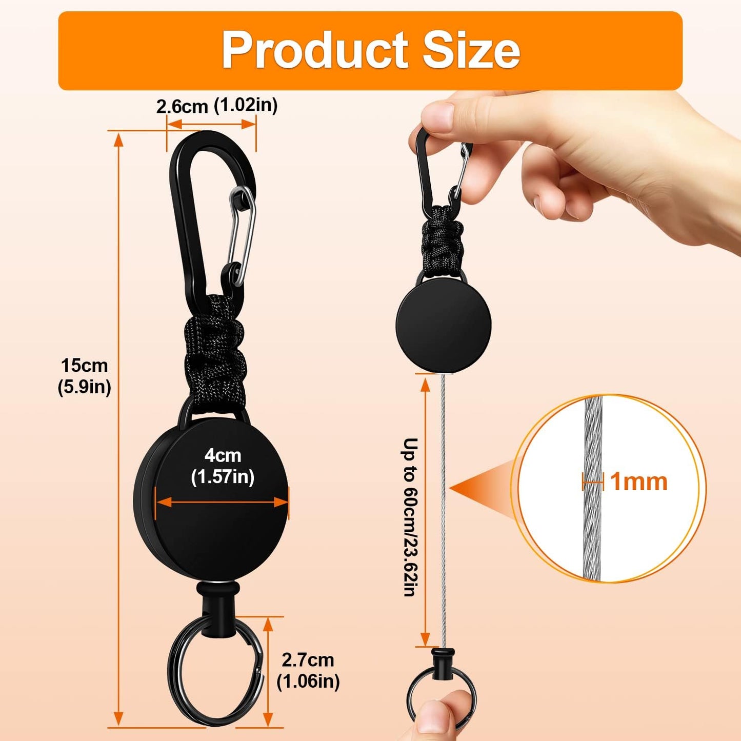 Retractable Keychain 3-Pack - Heavy Duty Carabiner Badge Holder 60cm Steel Cord
